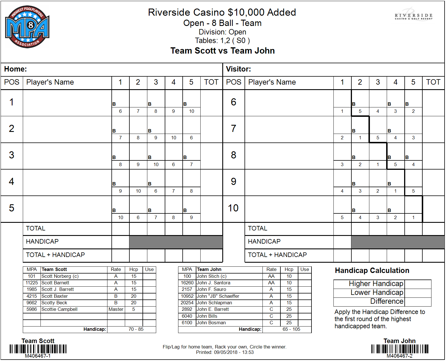 Standard Team socre sheet