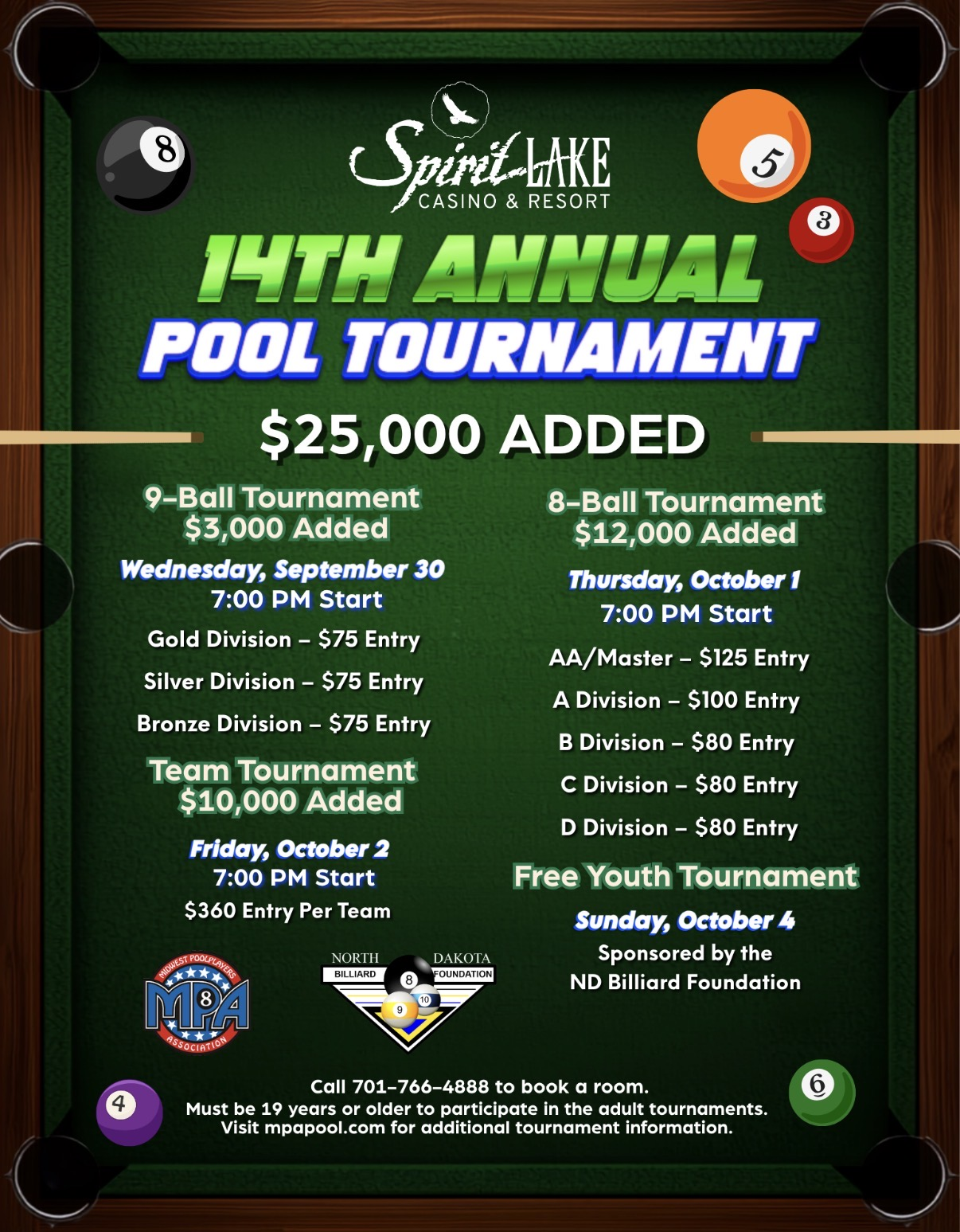 14th Annual Spirit Lake Casino Pool Tournament tournament flyer
